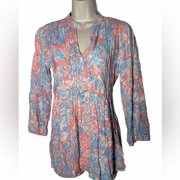 Lilly Pulitzer Women’s Sarasota Tunic Pink Sun Ray V-Neck 3/4 Sleeve Top Small - Picture 3 of 12